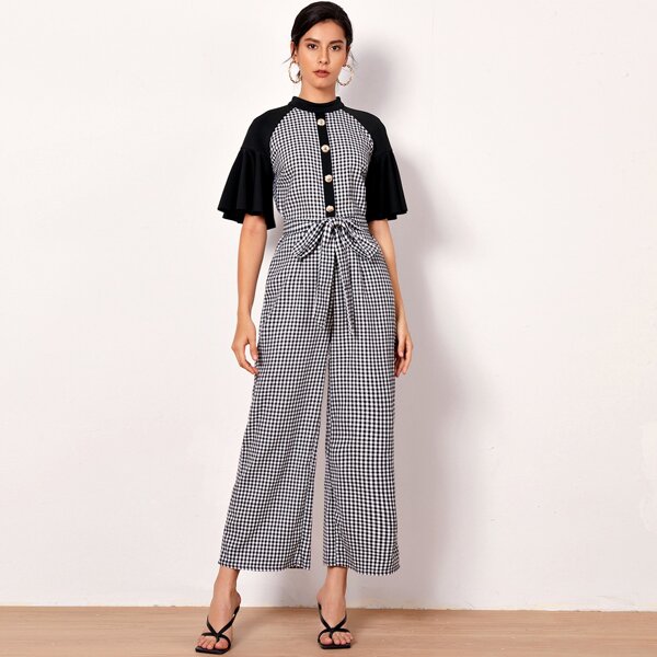 

Mock-neck Raglan Flounce Sleeve Button Front Buffalo Plaid Jumpsuit, Black and white
