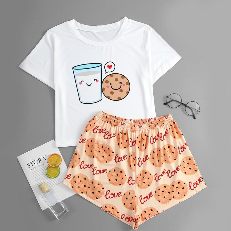 

Cartoon Cookies And Letter Graphic Pajama Set, Multicolor