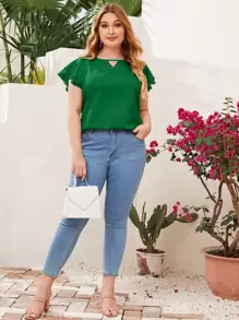 SHEIN Clasi 加大锁眼领多层飘袖上衣 - 綠色 - 查看 5