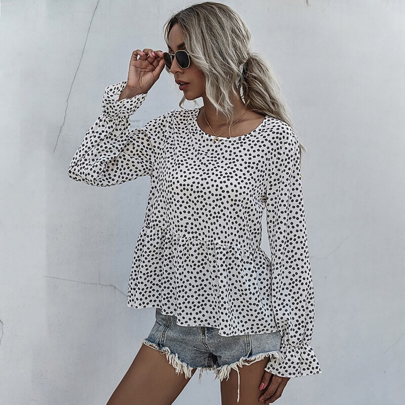 

Ditsy Floral Flounce Sleeve Peplum Blouse, White