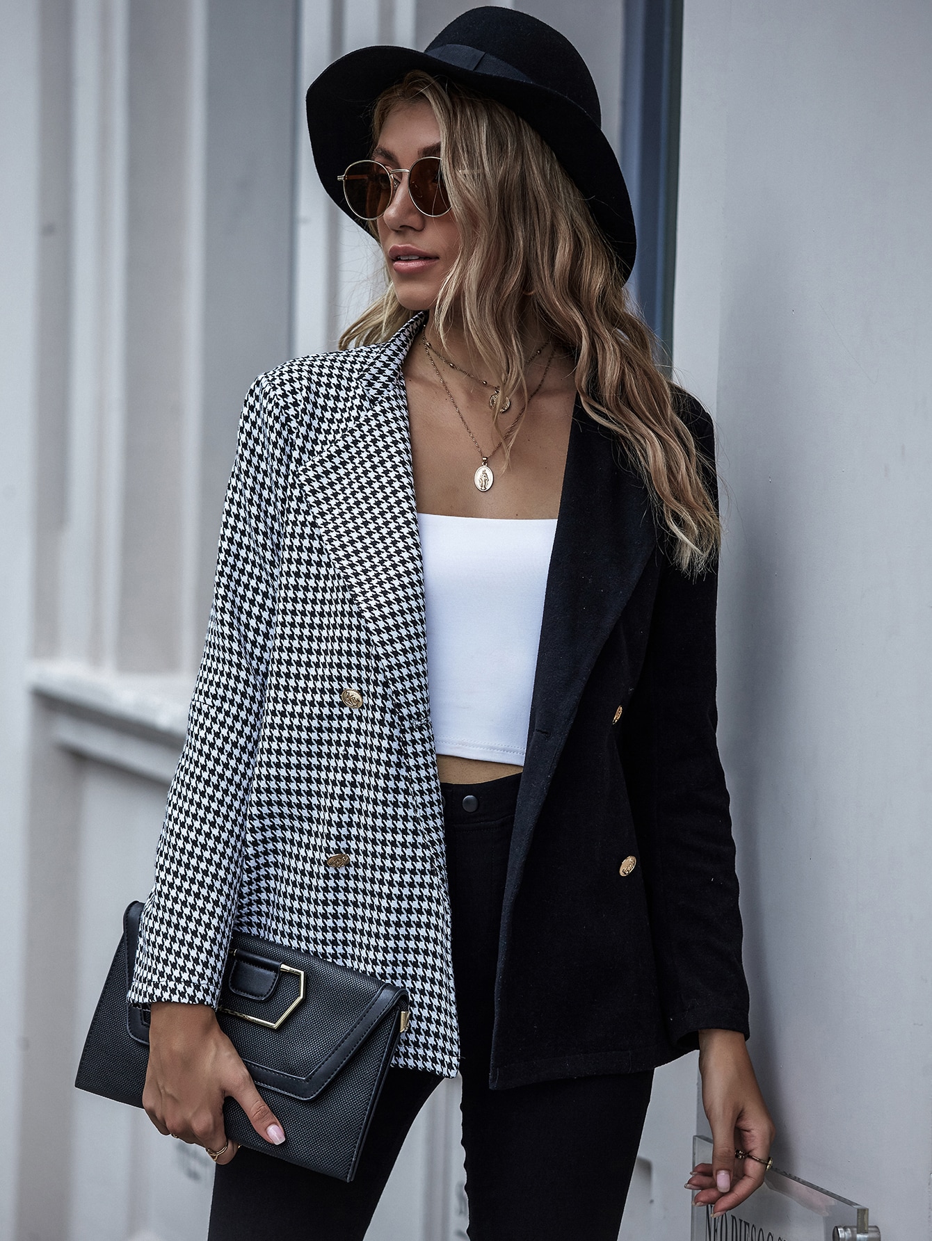 Blazer Doppia abbottonatura Blocchi di colore Bianco e nero Elegante | SHEIN  ITALIA