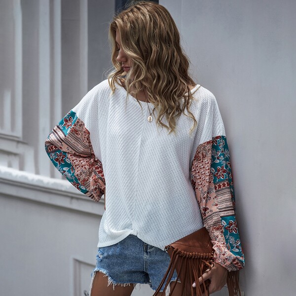 

Contrast Patchwork Drop Shoulder Tee, White