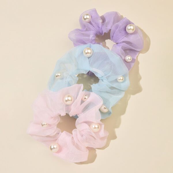 

3pcs Faux Pearl Decor Scrunchie, Multicolor