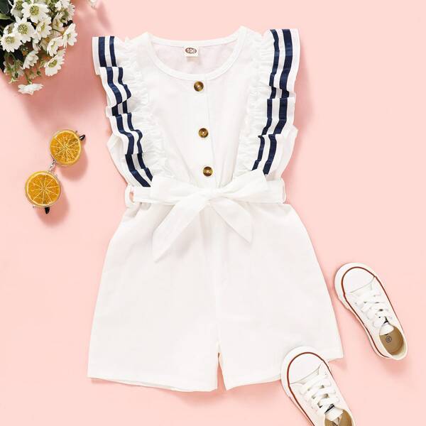 

Toddler Girls Striped Belted Ruffle Trim Romper, White