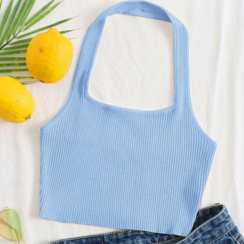 

Rib-knit Halter Crop Top, Baby blue