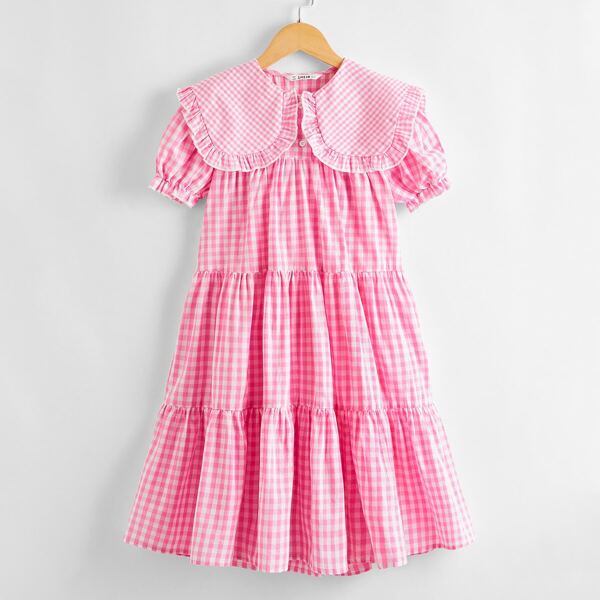 

Girls Frill Trim Buffalo Plaid Layered Dress, Pink