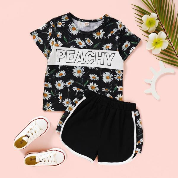 

Toddler Girls Floral Print Tee & Track Shorts, Black