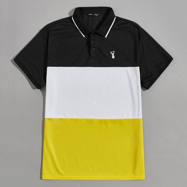 

Men Deer Embroidered Colorblock Polo Shirt, Multicolor