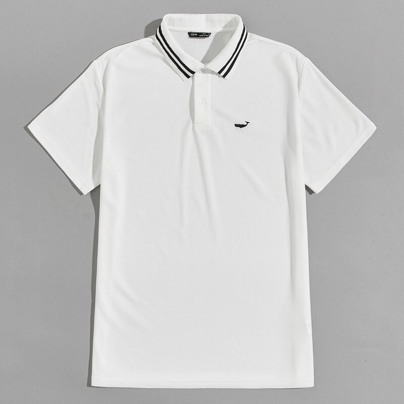 

Guys Striped Collar Embroidered Detail Polo Shirt, White