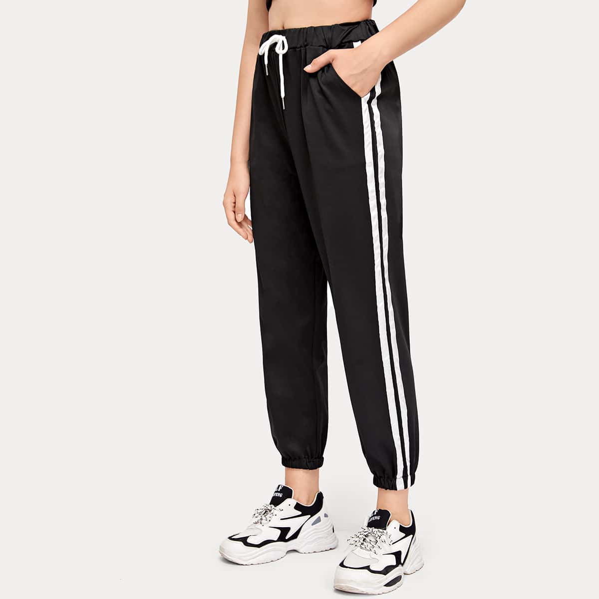 

Striped Tape Drawstring Pants, Black