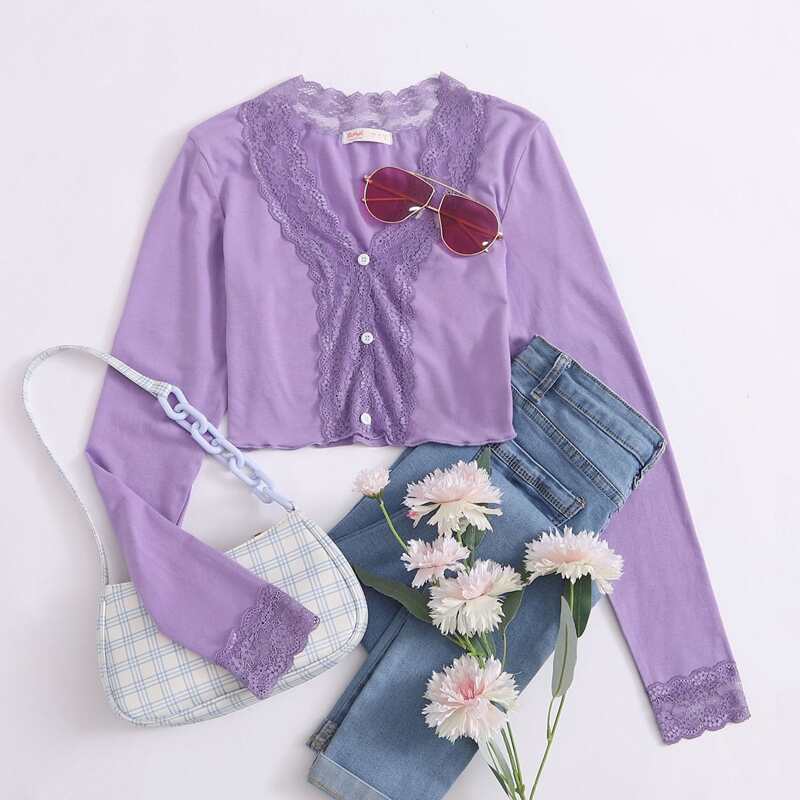 

Lace Hem Button Front Purple Tee, Violet purple