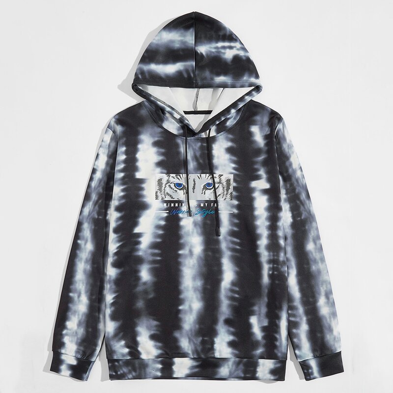 

Guys Tie Dye And Tiger Print Drawstring Hoodie, Black and white
