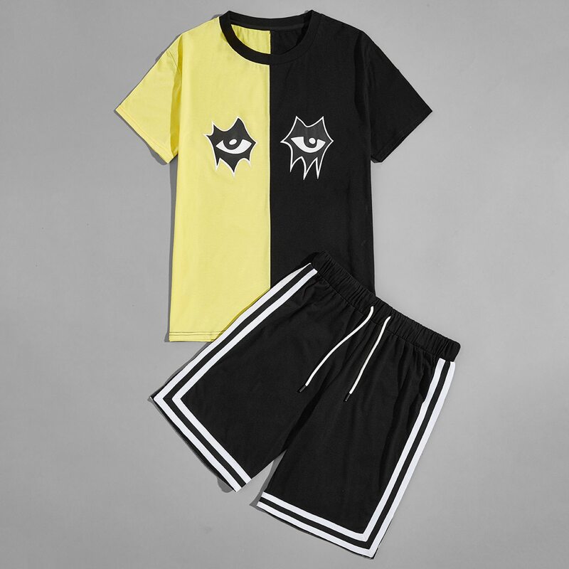 

Guys Color-block Eyes Print Tee & Drawstring Waist Shorts, Multicolor