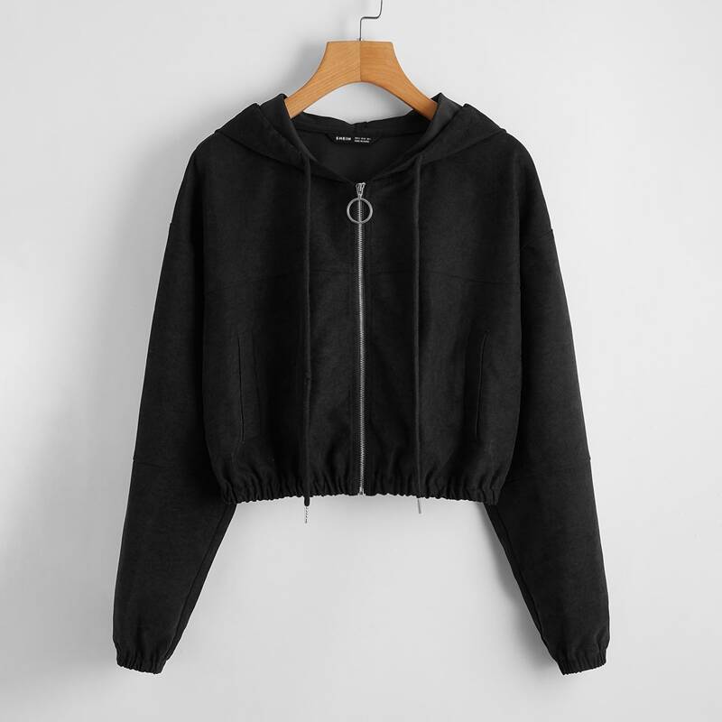 

O-ring Zip Up Hooded Jacket, Black