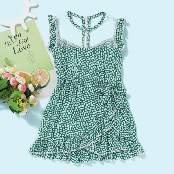

Toddler Girls Mesh Panel Ditsy Floral Wrap Dress, Green