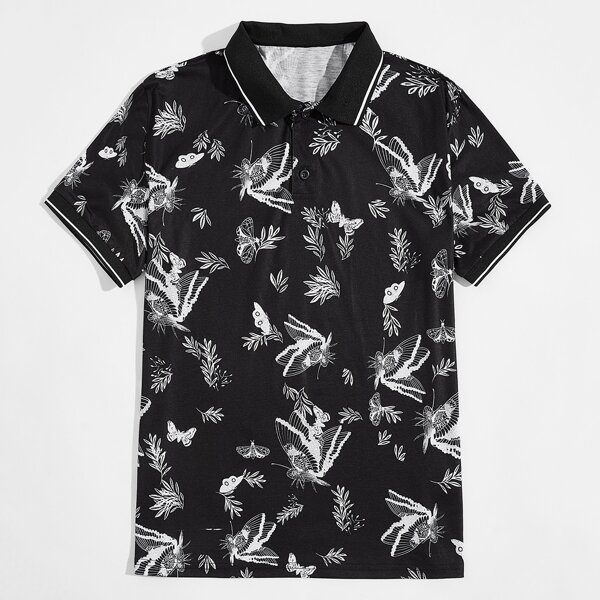 

Men Butterfly And Plants Print Polo Shirt, Black