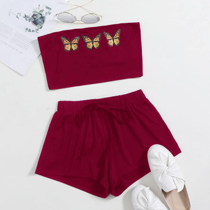 

Butterfly Print Tube Top & Track Shorts Set, Burgundy