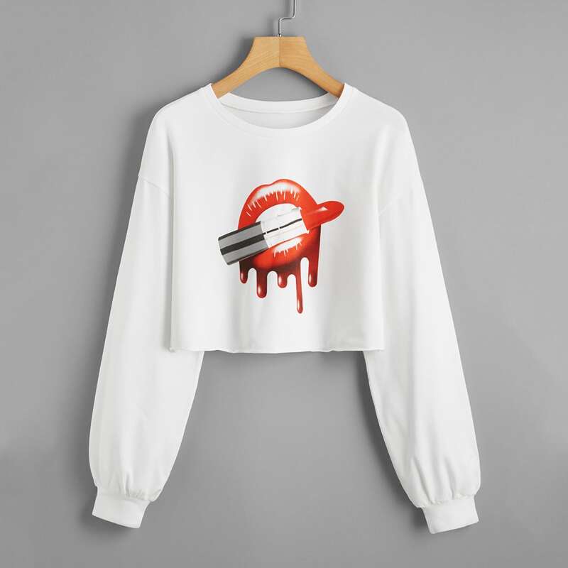

Lipstick And Mouth Print Crop Sweatshirt, White