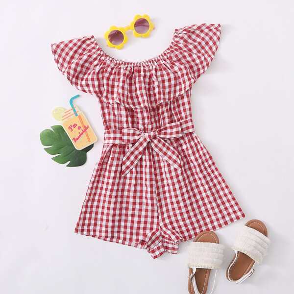 

Girls Buffalo Plaid Off Shoulder Self Belt Romper, Red and white