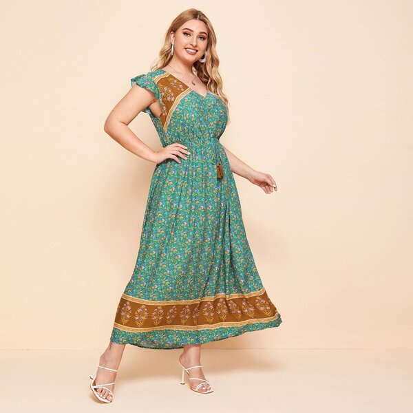 

Plus V Neck Tie Waist Tribal Maxi Dress, Green