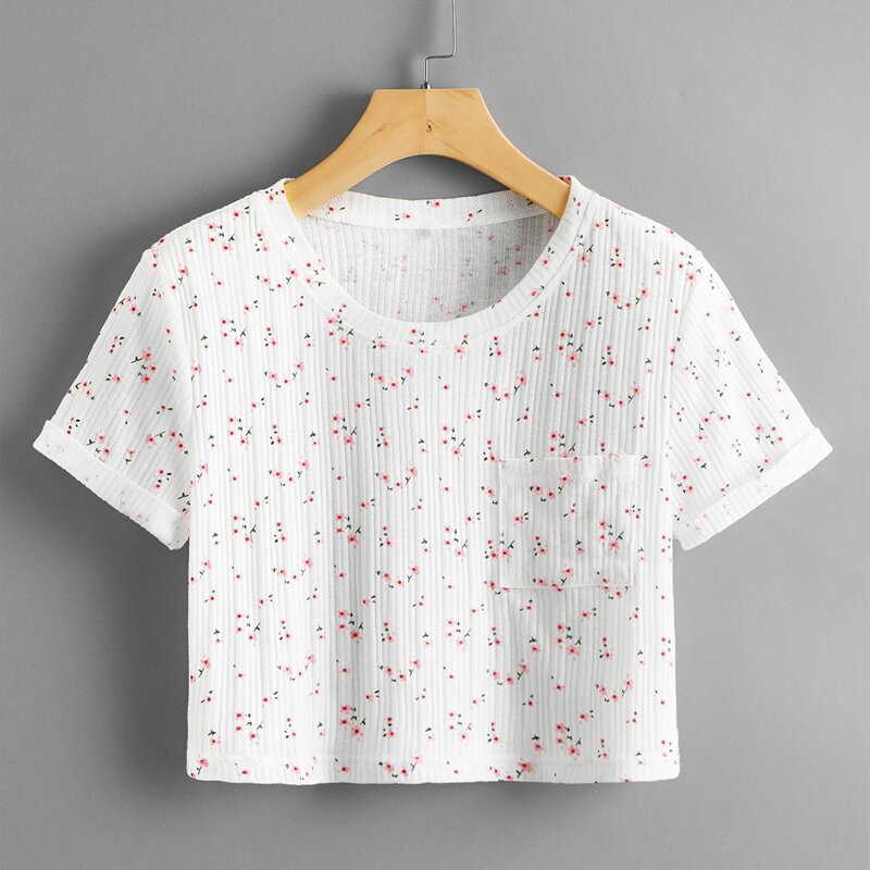 

Ditsy Floral Pocket Front Ribbed Tee, White