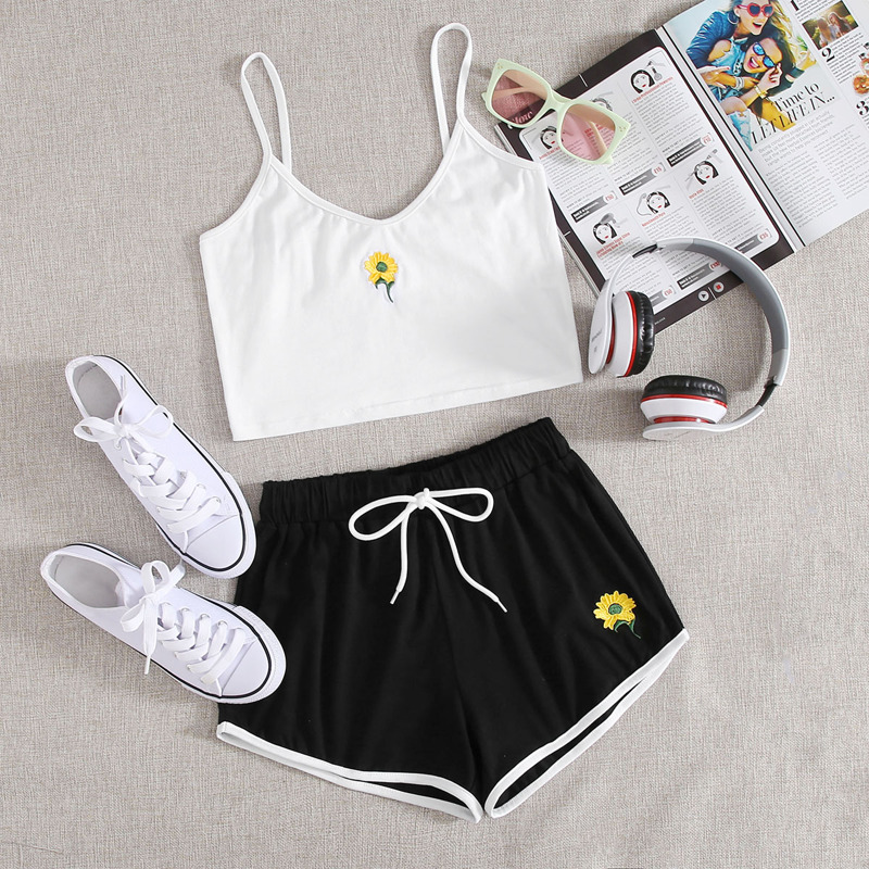 

Sunflower White Cami & Drawstring Shorts, Black and white