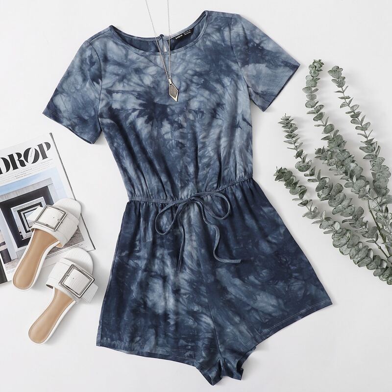 

Knot Front Tie Dye Tee Romper, Navy blue