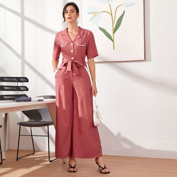 

Button Front Lapel Collar Belted Jumpsuit, Rusty rose