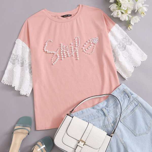 

Lace Trim Schiffy Sleeve Pearls Beaded Front Top, Coral pink