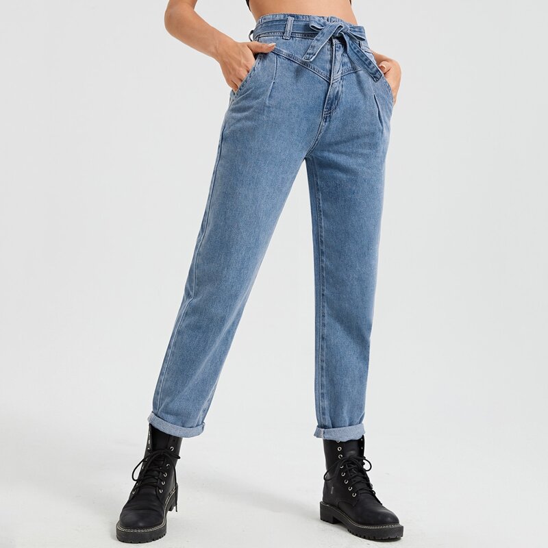 

Fold Pleat Belted Carrot Jeans, Medium wash