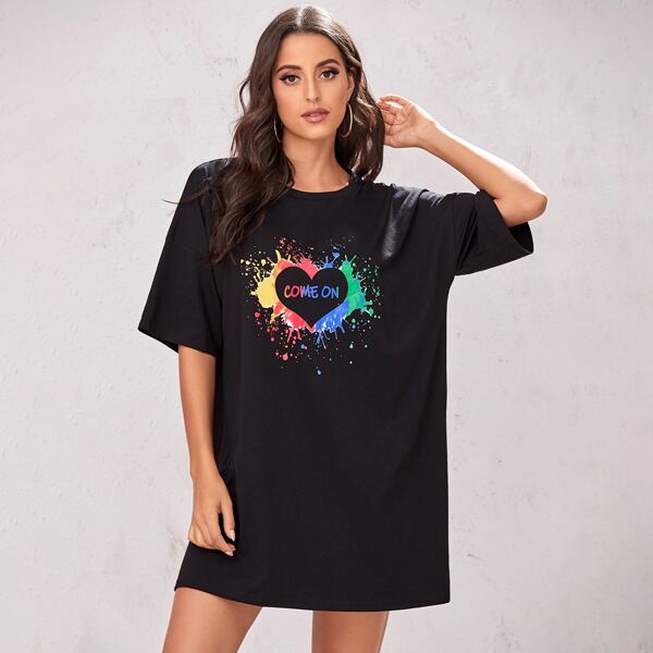 

Slogan & Splatter Paint Tee Dress, Black