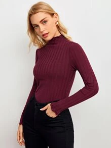 SHEIN Mock-Neck Lettuce Trim Rib-knit Top - Maroon - View 1