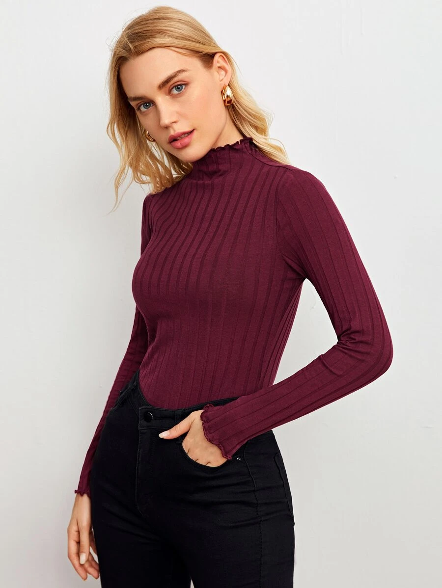 SHEIN Mock-Neck Lettuce Trim Rib-knit Top - Maroon - View 1