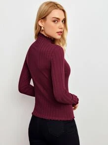 SHEIN Mock-Neck Lettuce Trim Rib-knit Top - Maroon - View 2