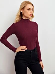 SHEIN Mock-Neck Lettuce Trim Rib-knit Top - Maroon - View 3