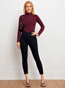 SHEIN Mock-Neck Lettuce Trim Rib-knit Top - Maroon - View 4