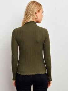 SHEIN 小高領生菜邊羅紋針織上衣 - 軍綠色 - 查看 2
