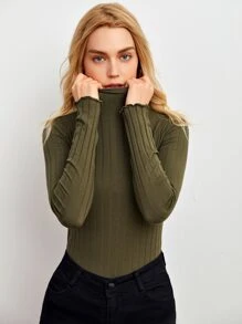 SHEIN 小高領生菜邊羅紋針織上衣 - 軍綠色 - 查看 4