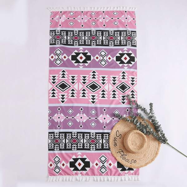 

Aztec Print Tassel Trim Beach Blanket, Multicolor
