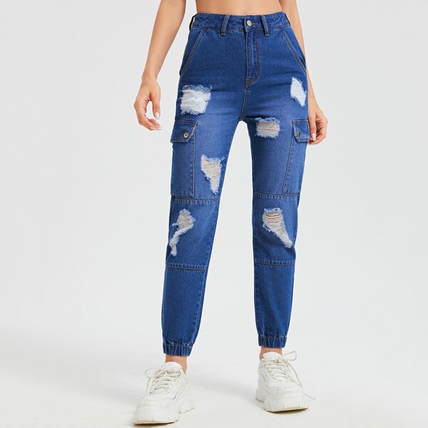 

High Waisted Flap Pocket Ripped Jogger Jeans, Medium wash