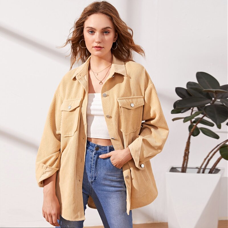 

Corduroy Flap Pocket Single-breasted Coat, Apricot