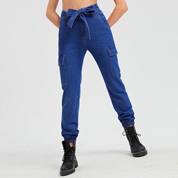 

Flap Pocket Belted Carrot Jeans, Medium wash
