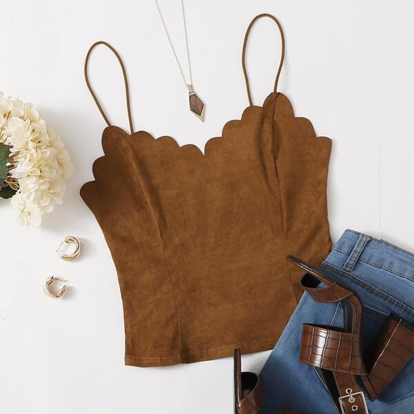 

Scallop Trim Suede Cami Top, Brown