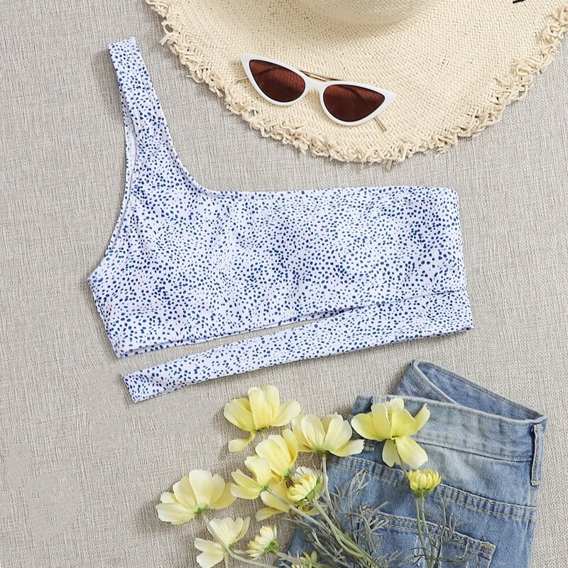 

Dalmatian One Shoulder Cut-out Bikini Top, Blue and white