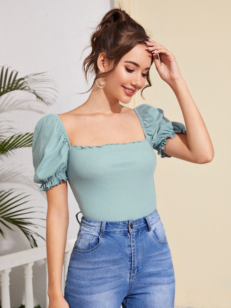 SHEIN Square Neck Puff Sleeve Lettuce Trim Rib-knit Top - Blue - View 5