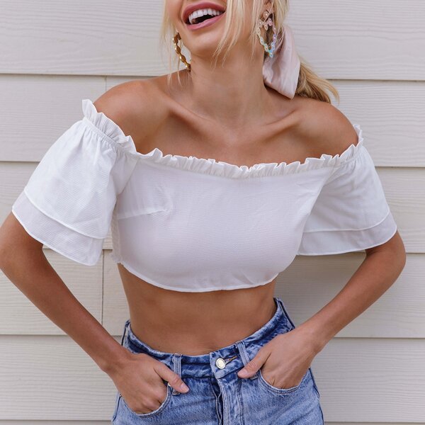 

Off Shoulder Frill Trim Layered Bell Sleeve Shirred Back Crop Top, White