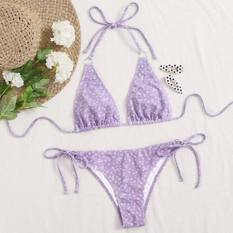 

Ditsy Floral Triangle Tie Side Bikini Swimsuit, Pastel lilac purple