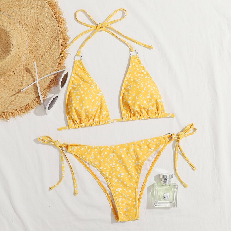 

Ditsy Floral Triangle Tie Side Bikini Swimsuit, Yellow