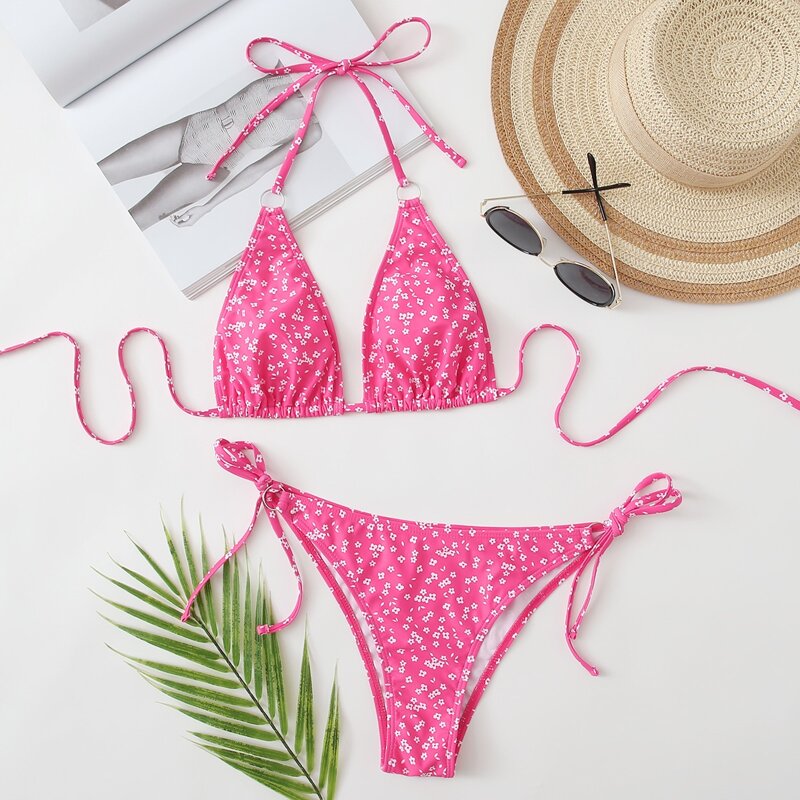 

Ditsy Floral Triangle Tie Side Bikini Swimsuit, Pink