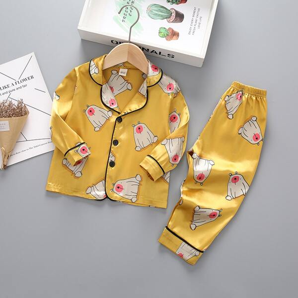 

Toddler Girls Satin Cartoon Graphic Top With Pants, Yellow